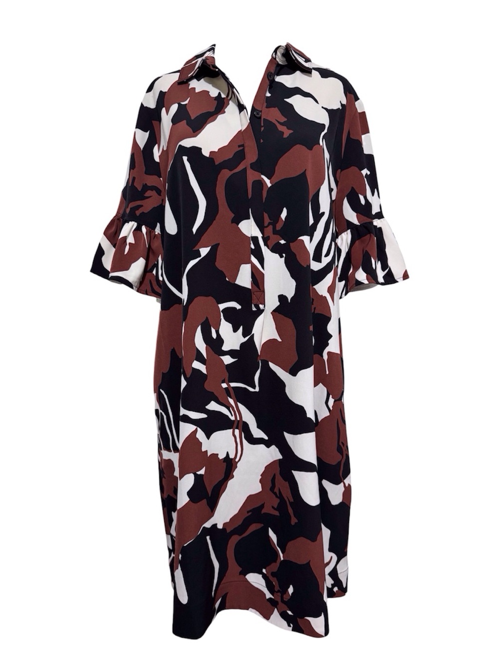 Chico’s Abstract Print Shift Dress Ruffle Sleeves Pop-Over Shirt Collar Dress 10